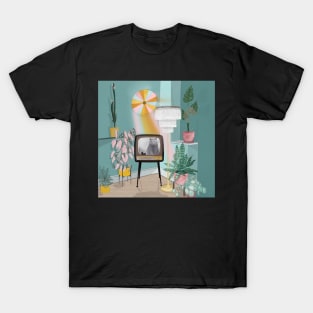 Cat sleeps in TV T-Shirt